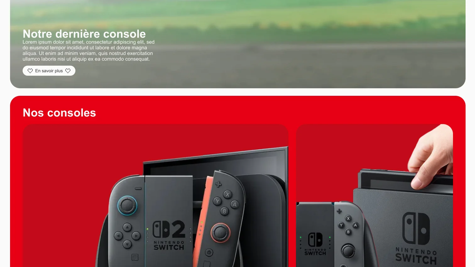 Interface d'accueil Nintendo avec mise en avant des jeux