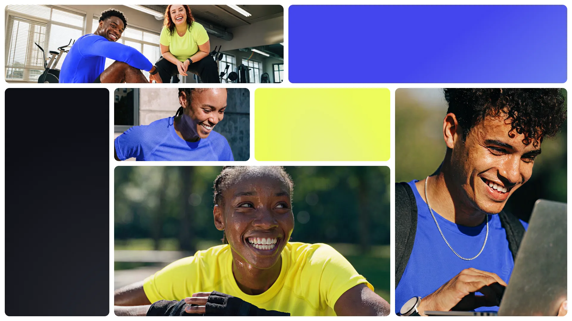 Direction photo Sportigo : sportifs souriants en tenue lime et cobalt, mêlés à des aplats de couleur de la charte